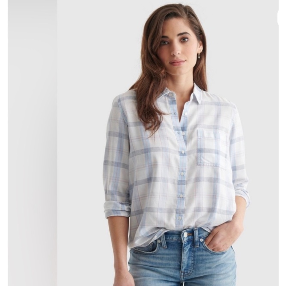 -Lucky Brand Navy/White/Pink Plaid L/S Shirt- Medium (8-10)